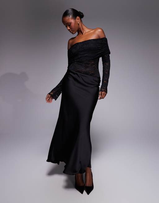 AFRM off the shoulder long sleeve lace bodysuit in black, 3 of 4