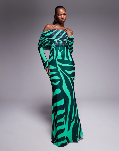 AFRM bardot power mesh maxi dress in green zebra