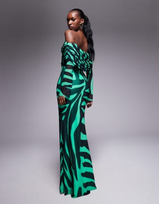 AFRM off the shoulder power mesh maxi dress in green zebra