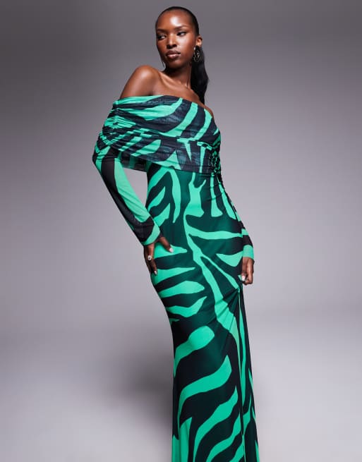 AFRM off the shoulder power mesh maxi dress in green zebra | ASOS