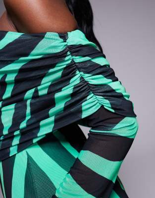 AFRM off the shoulder power mesh maxi dress in green zebra