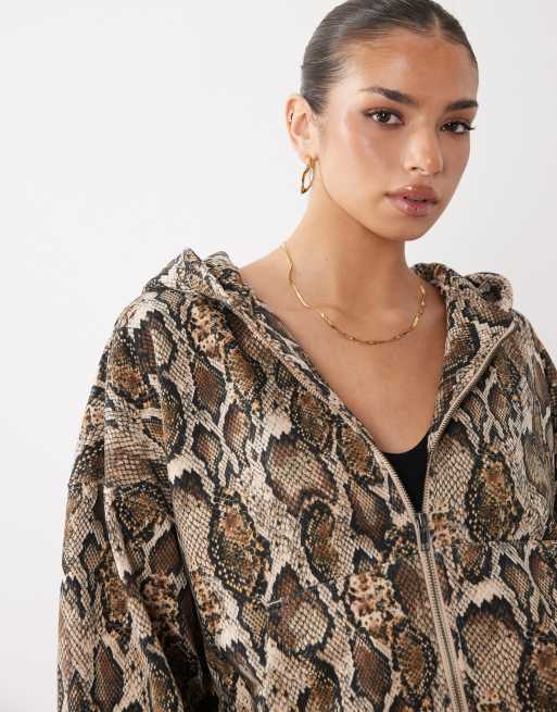 AFRM Oren cotton zip up hoodie co-ord in sand snake print, 2 of 4