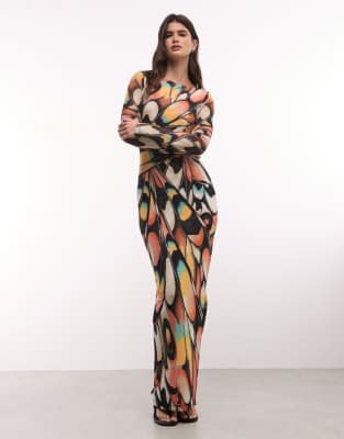 Afrm Phyll Mesh 2 Ply Lining Boat Neck Long Sleeve Maxi Dress In Multi