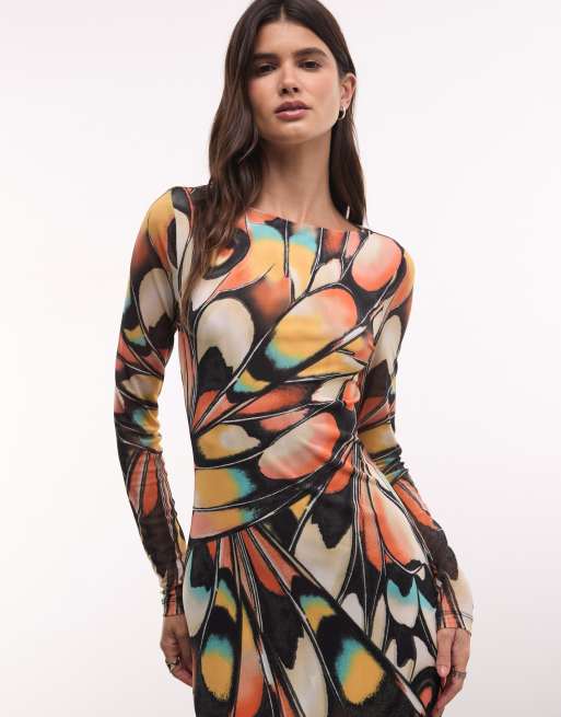 AFRM Phyll mesh 2 ply lining boat neck long sleeve maxi dress in all over butterfly print, 2 of 4