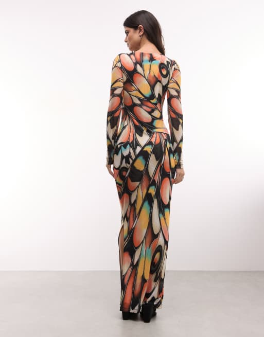 AFRM Phyll mesh 2 ply lining boat neck long sleeve maxi dress in all over butterfly print, 4 of 4