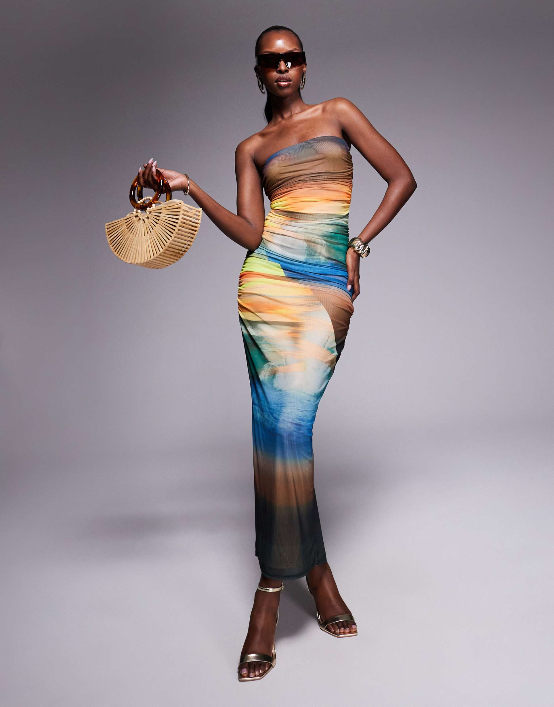 afrm power mesh cap sleeve midaxi dress in ocean ombre print