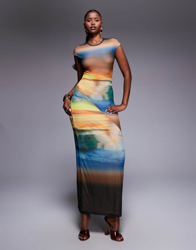AFRM power mesh cap sleeve midaxi dress in ocean ombre print | ASOS