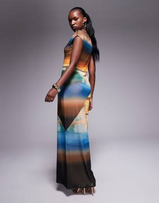 Afrm Cody Print Cap Sleeve Mesh Maxi Dress