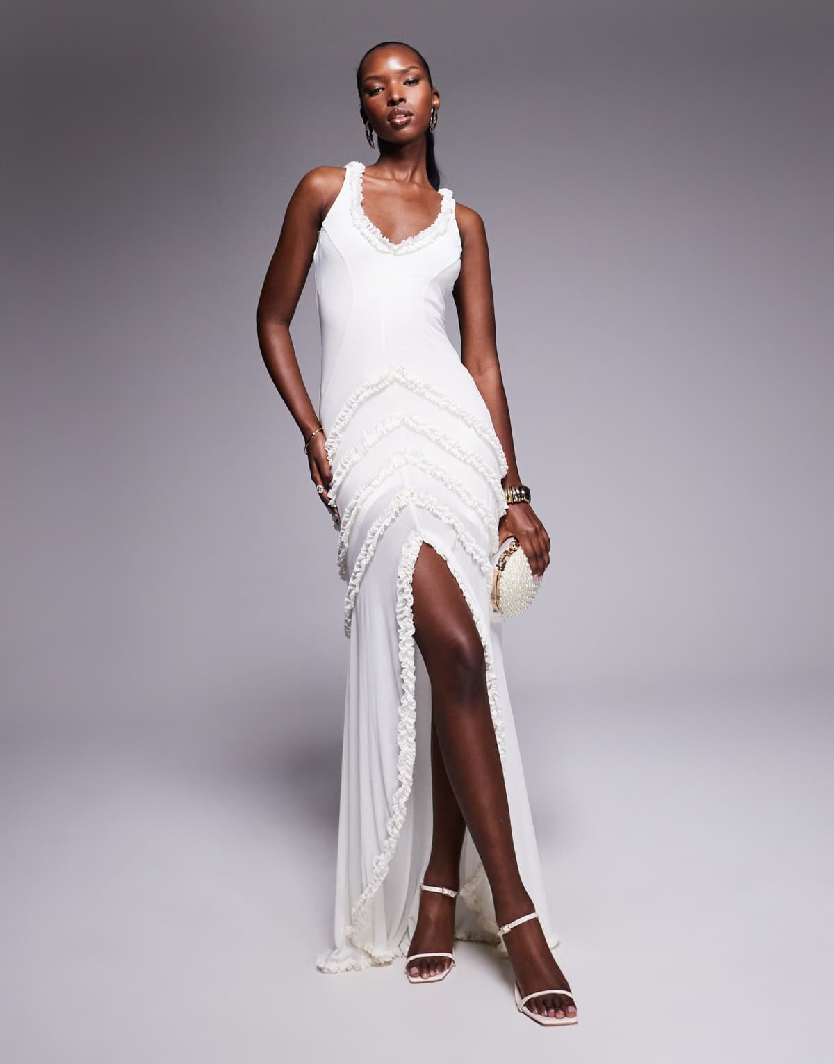 AFRM power mesh micro ruffle maxi dress in white