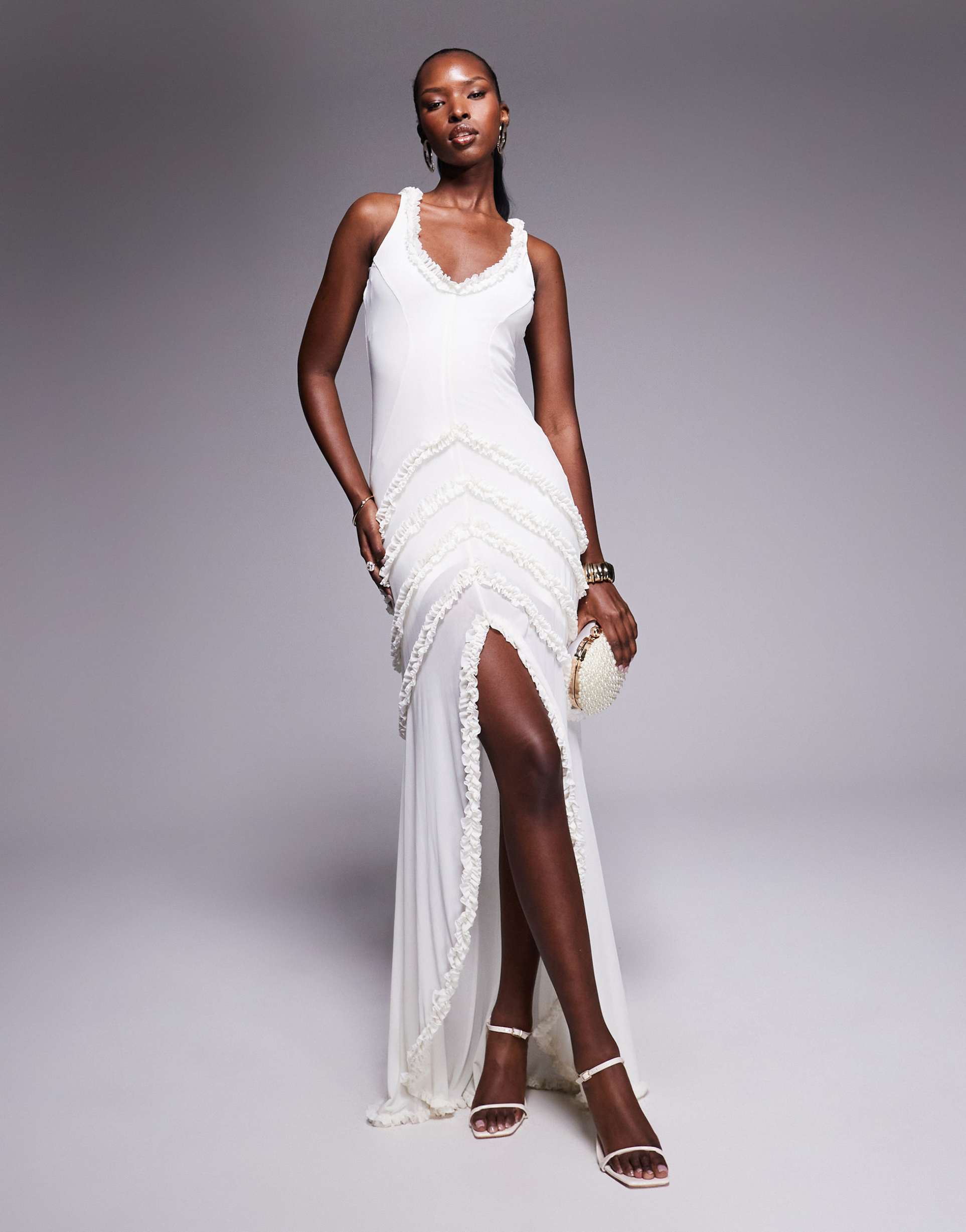 afrm power mesh micro ruffle maxi dress in white