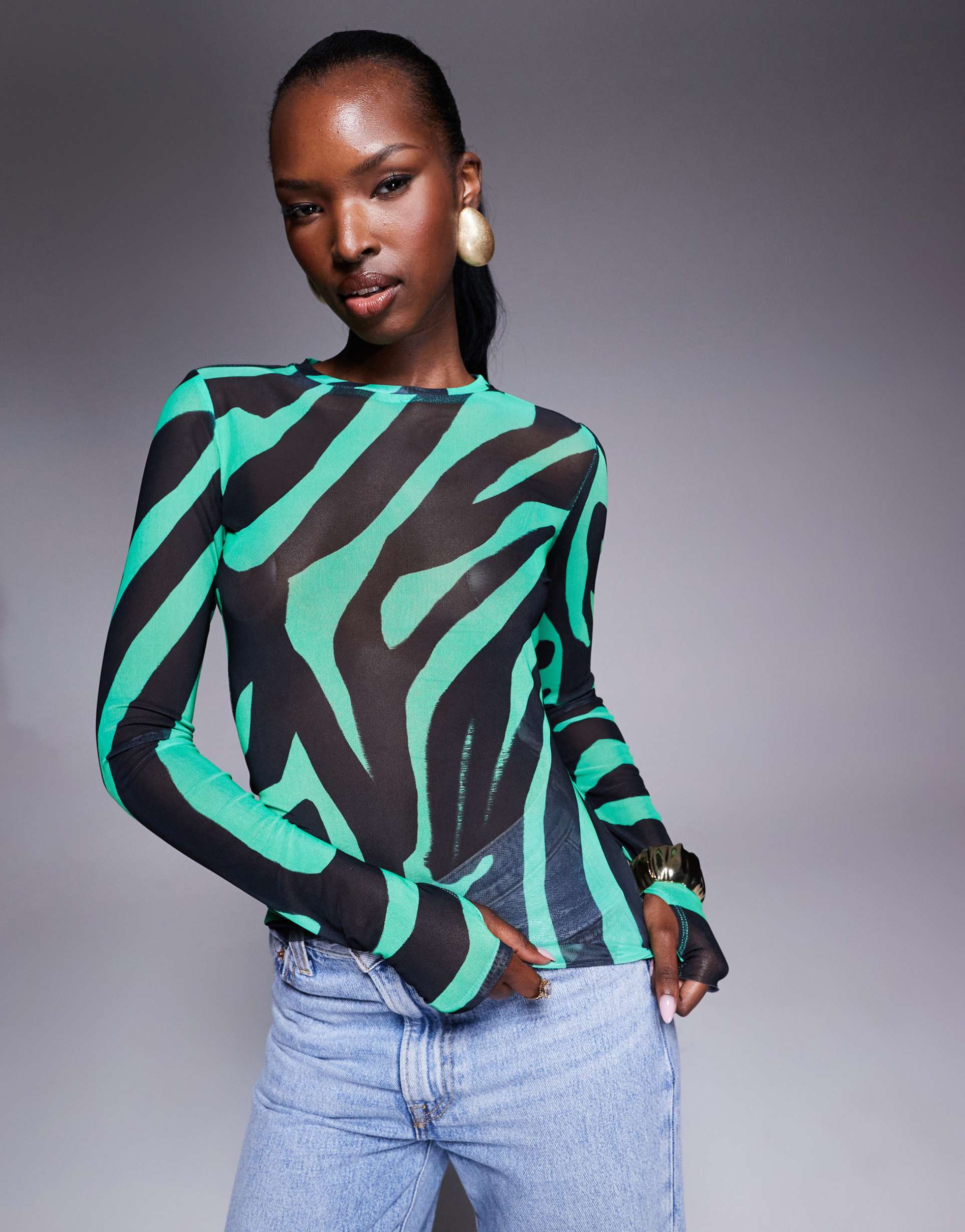afrm power mesh top in green zebra