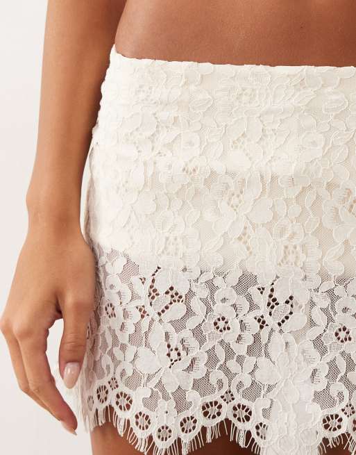 AFRM Priesley Bridal lace built in shorts mini skirt co-ord in white, 4 of 5