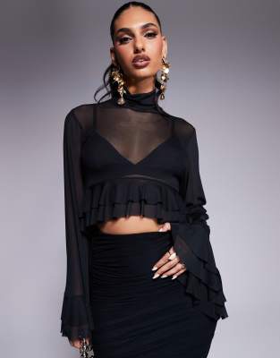 AFRM AFRM Pru high neck mesh ruffle top co-ord in black