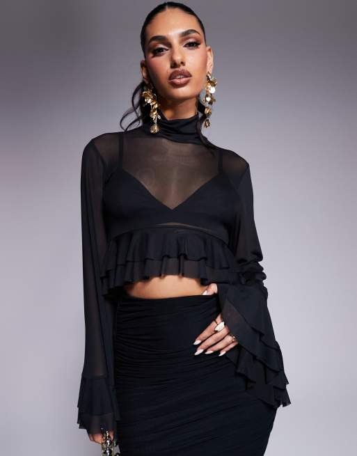 AFRM Pru high neck mesh ruffle top co-ord in black