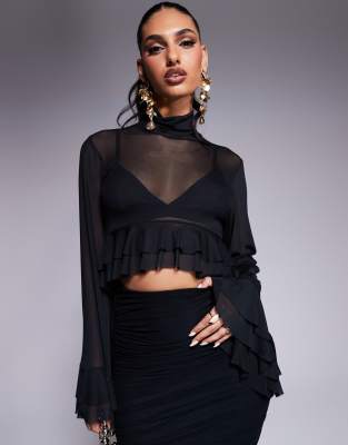 Pru high neck mesh ruffle top in black - part of a set