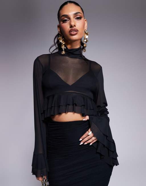 Black mesh ruffle top online