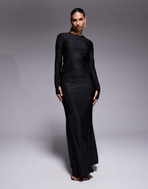 AFRM rhinestone long sleeve thumbhole detail top and maxi skirt set in black - view 1