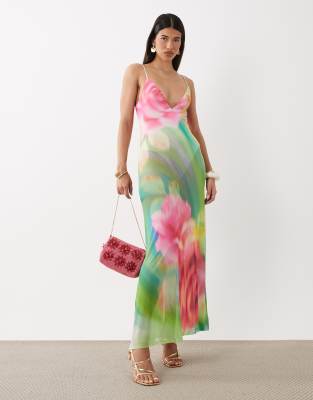 Afrm Rivka Printed Mesh Inbuilt Bodysuit Detail Plunge Neck Maxi Dress In Multi