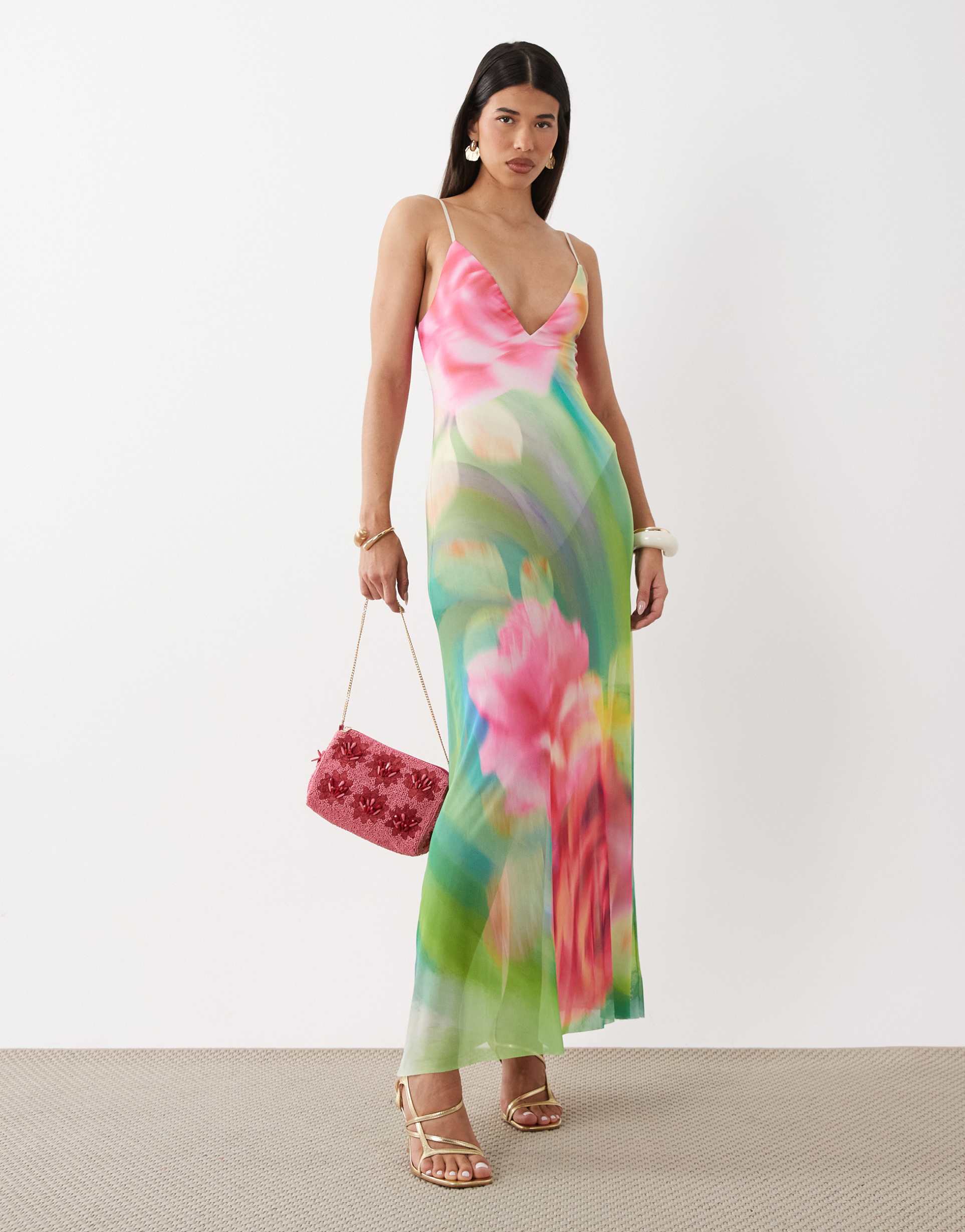 afrm rivka printed mesh inbuilt bodysuit detail plunge neck maxi dress in green floral print