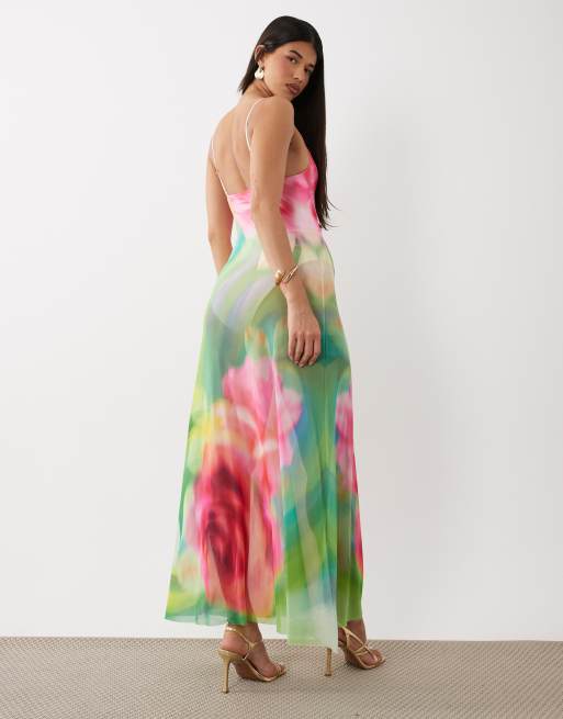 AFRM - Rivka - Robe longue en tulle imprimé fleuri avec décolleté plongeant et body intégré - Vert, 3 de 4