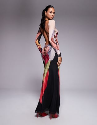 AFRM - Robe longue à imprimé plumes avec manches longues et dos ouvert-Multicolore