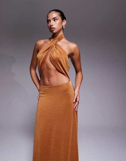 AFRM - Robe longue dos nu à encolure américaine et découpes en maille métallisée - Bronze, 3 de 4