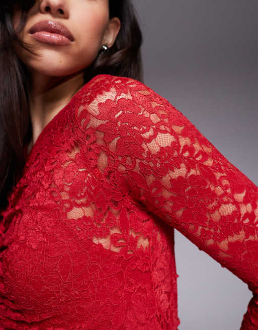AFRM - Robe longue froncée en dentelle à manches longues avec body intégré - Rouge coquelicot, 3 de 4
