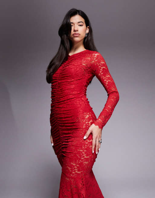 AFRM - Robe longue froncée en dentelle à manches longues avec body intégré - Rouge coquelicot, 4 de 4