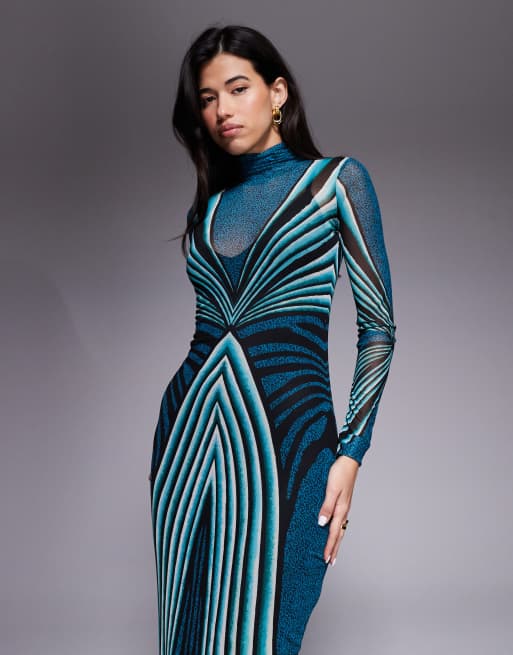 AFRM - Robe longue stretch en tulle à rayures abstraites avec col montant et manches longues - Aigue-marine, 4 de 4