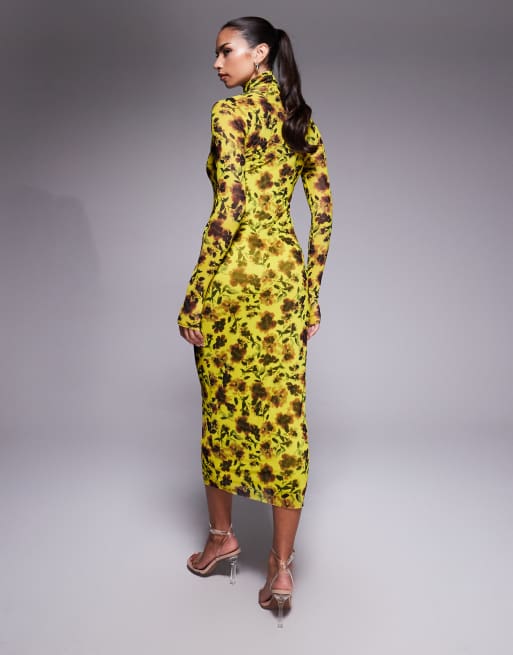 AFRM - Robe longueur mollet en tulle à fleurs avec col roulé et manches longues - Citron vert, 2 de 4