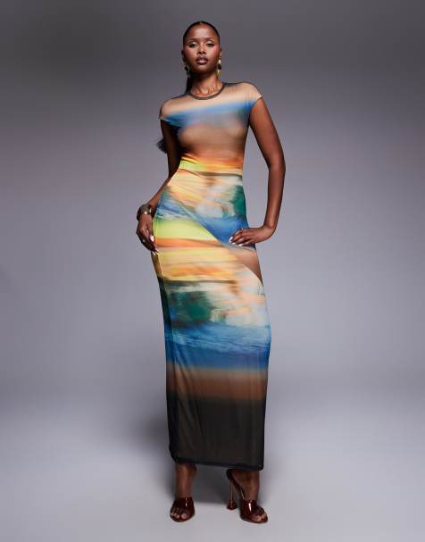 AFRM - Robe longueur mollet en tulle à mancherons et imprimé océan effet dégradé - view 1