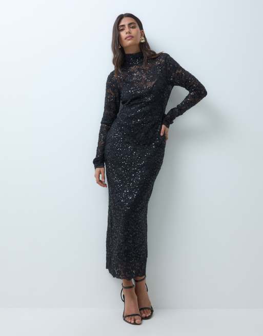 AFRM robe mi-longue en dentelle perlée doublée à col montant noire, 2 de 5
