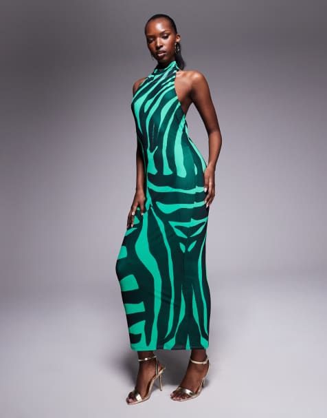 AFRM - Robe mi-longue en tulle renforcé à zébrures - Vert - view 1