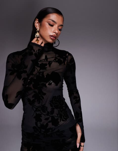 AFRM roll neck floral flocking detail top co-ord in black - view 1