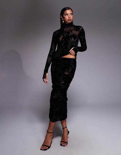 AFRM roll neck floral flocking detail top co-ord in black, 2 of 4