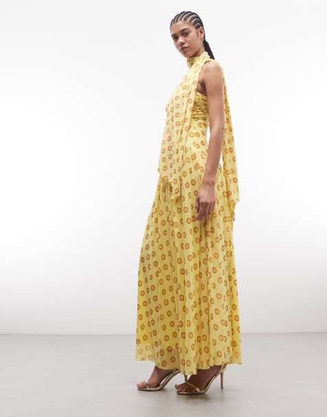 AFRM Rori detachable scarf detail sculpted waist maxi dress in yellow polka dot - view 1