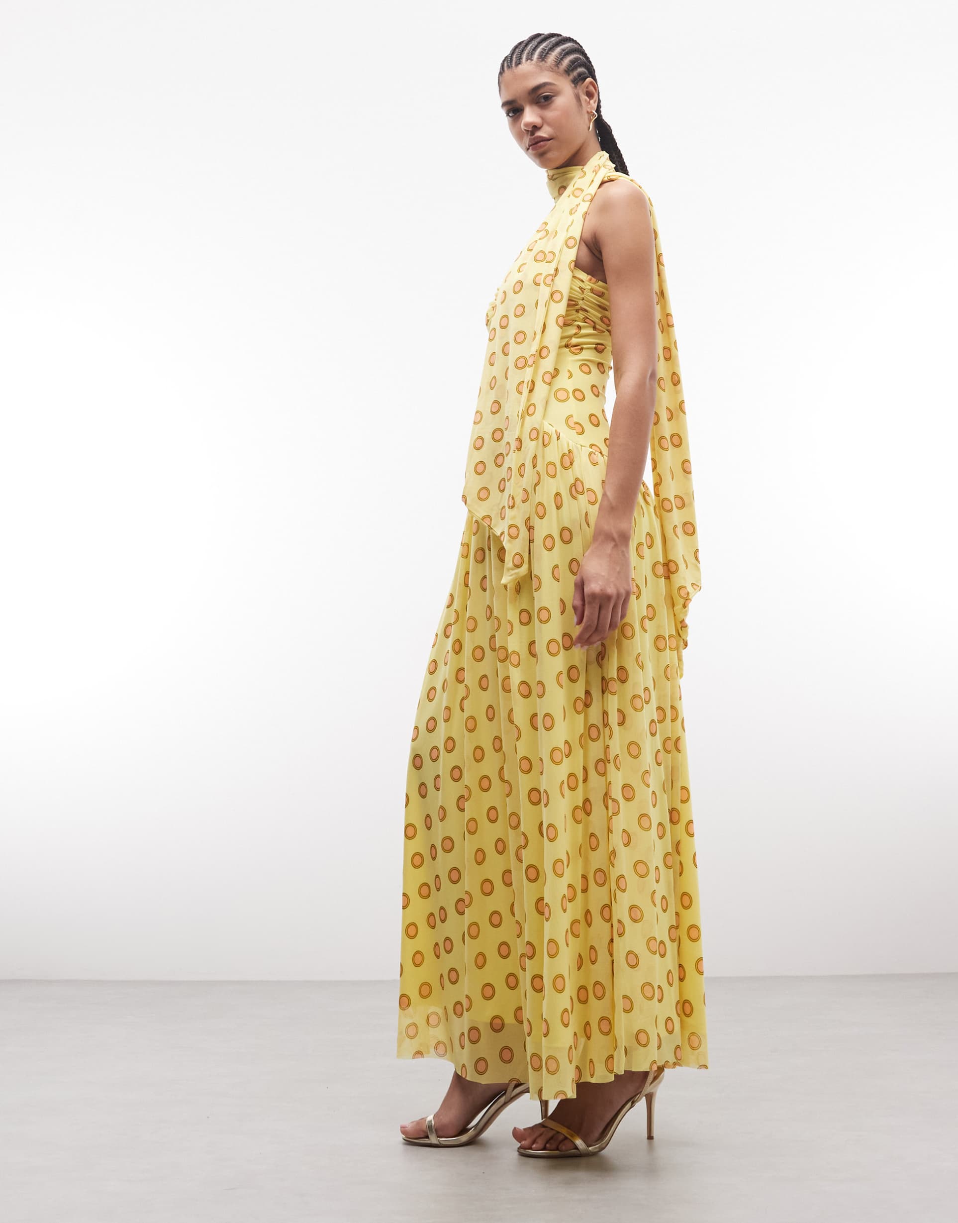 afrm rori detachable scarf detail sculpted waist maxi dress in yellow polka dot