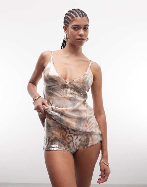 AFRM sequined mesh peplum top and mesh micro shorts set in neutral swirl shell, 2 of 3