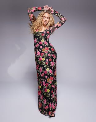 Ruby long sleeve plunge maxi dress in wallpaper rose print-Multi