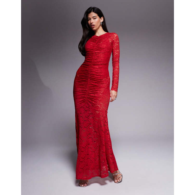 AFRM Jenima Long Sleeve Lace Mermaid Gown in Poppy Red at Nordstrom, Size X-Large