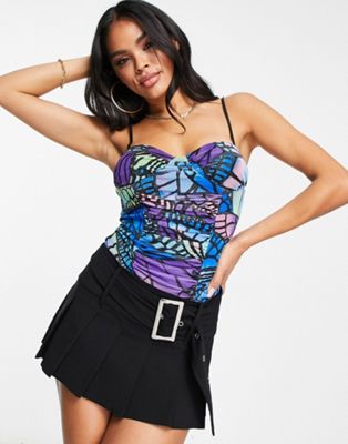 AFRM ruched mesh bodysuit in electric butterfly print