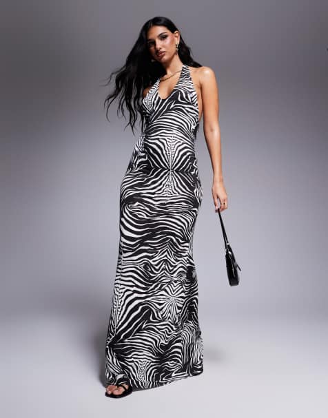 AFRM rue halter maxi dress in shiny knit in zebra swirl 