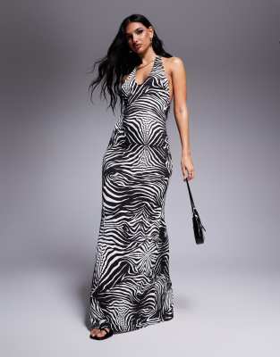 AFRM AFRM rue halter maxi dress in shiny knit in zebra swirl-Multi