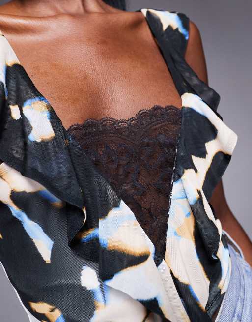 AFRM ruffle drape lace trim top in shadow flower, 3 of 4