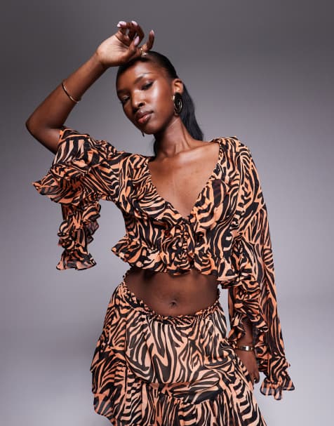 AFRM ruffle sleeve crop top in ombre zebra (part of a set) - view 1