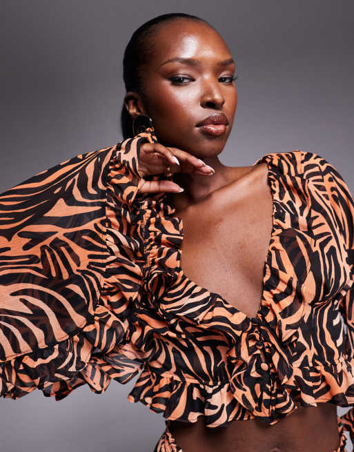 AFRM ruffle sleeve crop top in ombre zebra - part of a set, 3 of 4