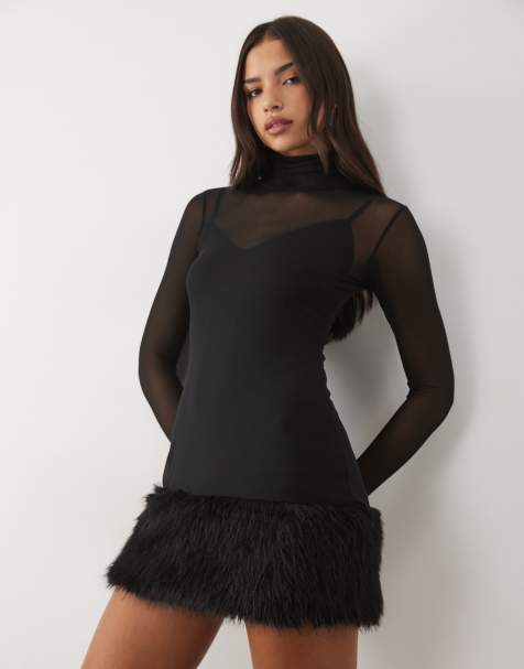 AFRM Saige mesh mini dress with fur hem detail in black - view 1