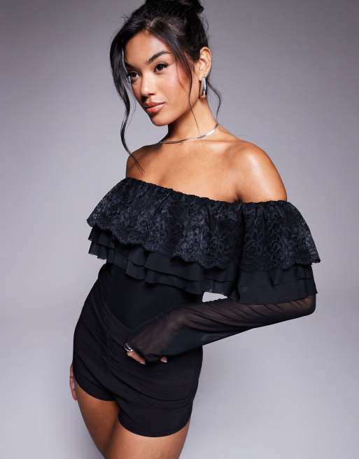 AFRM Saylor long sleeve off the shoulder ruffle bodysuit in black