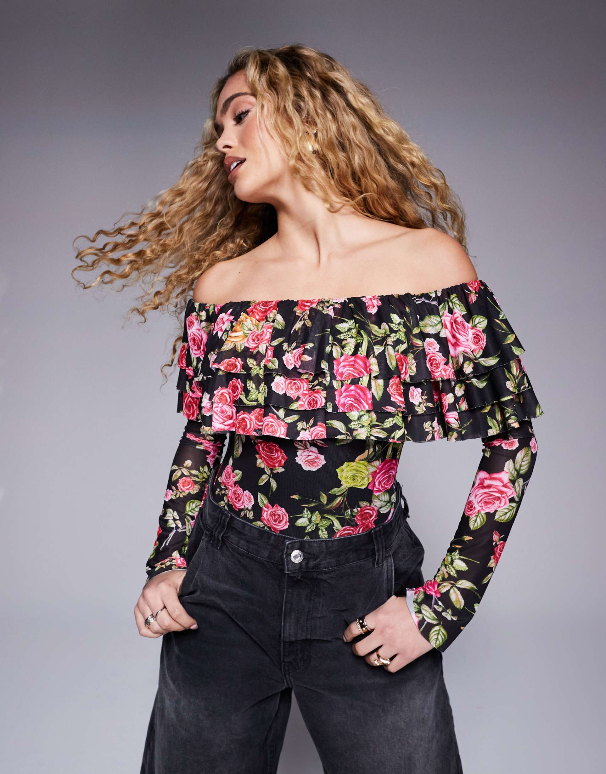 afrm saylor long sleeve off the shoulder ruffle bodysuit in rose print