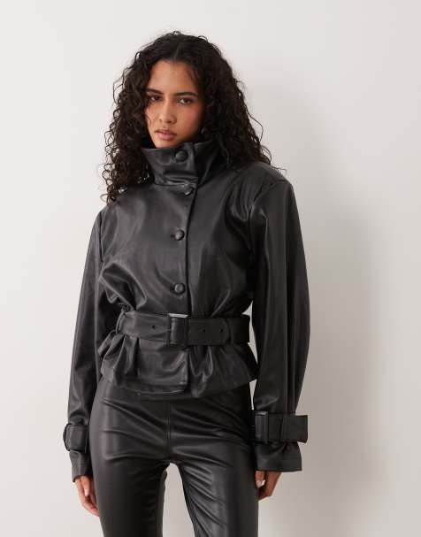 AFRM Scarlette faux leather funnel neck belted bomber co-ord in black - view 1